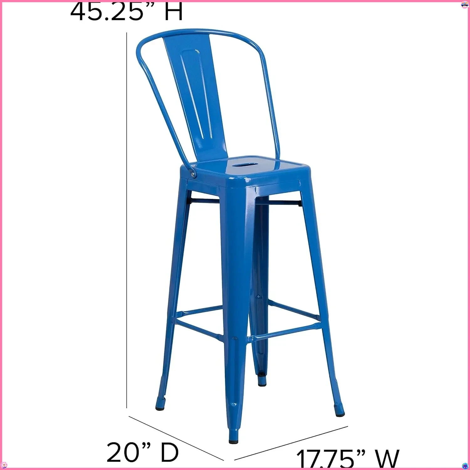 مقعد بار معدني أزرق متين مقاس 30 بوصة، مقعد تجاري داخلي وخارجي مع ظهر قابل للإزالة للمقهى وجزيرة المطبخ والمطعم.