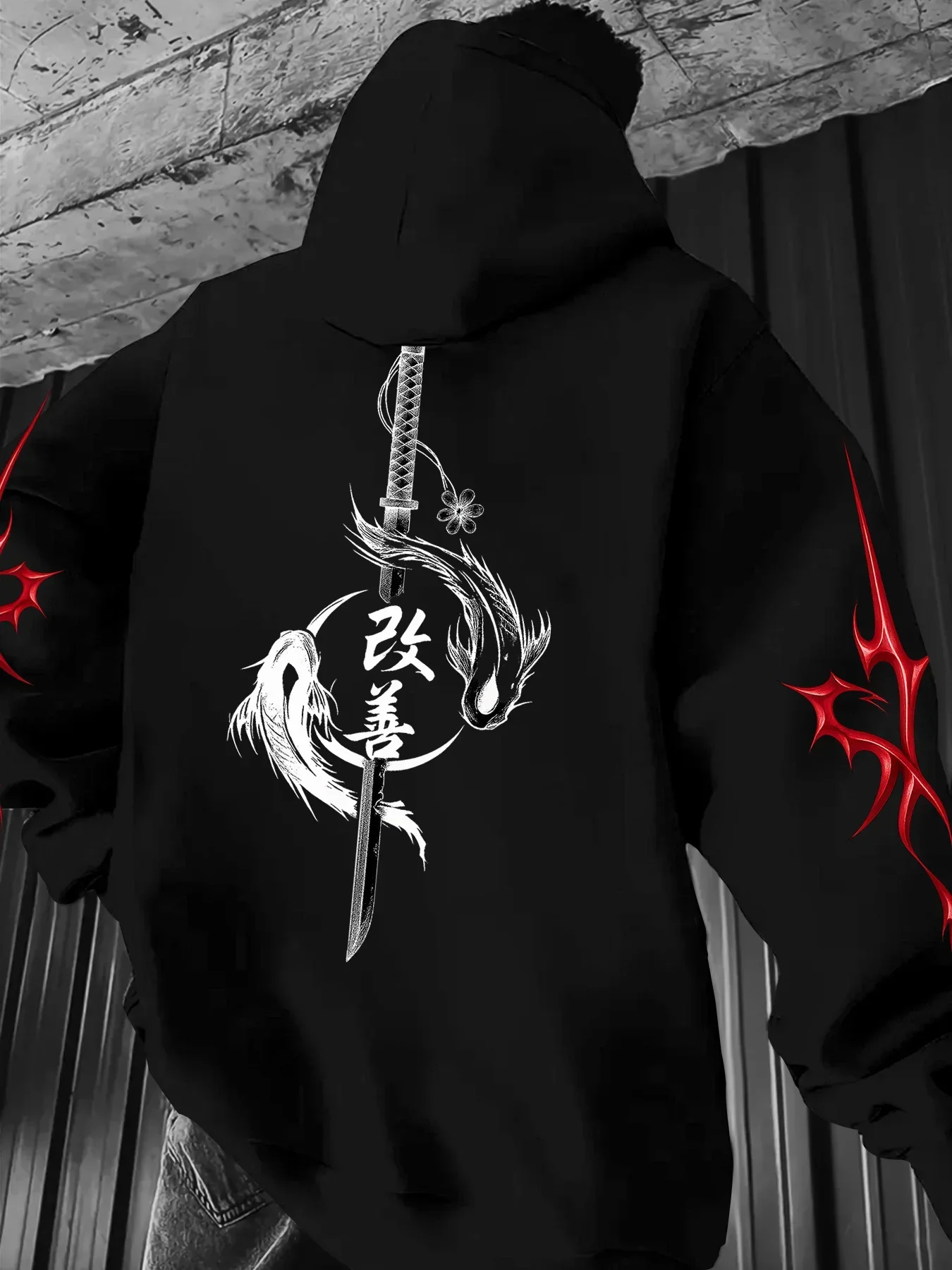 Men Oriental Samurai Pullover Hoodie Fashion Loose Fit Hooded Sweatshirt Street Casual Daily Tops Autumn Winter Fleece Lined