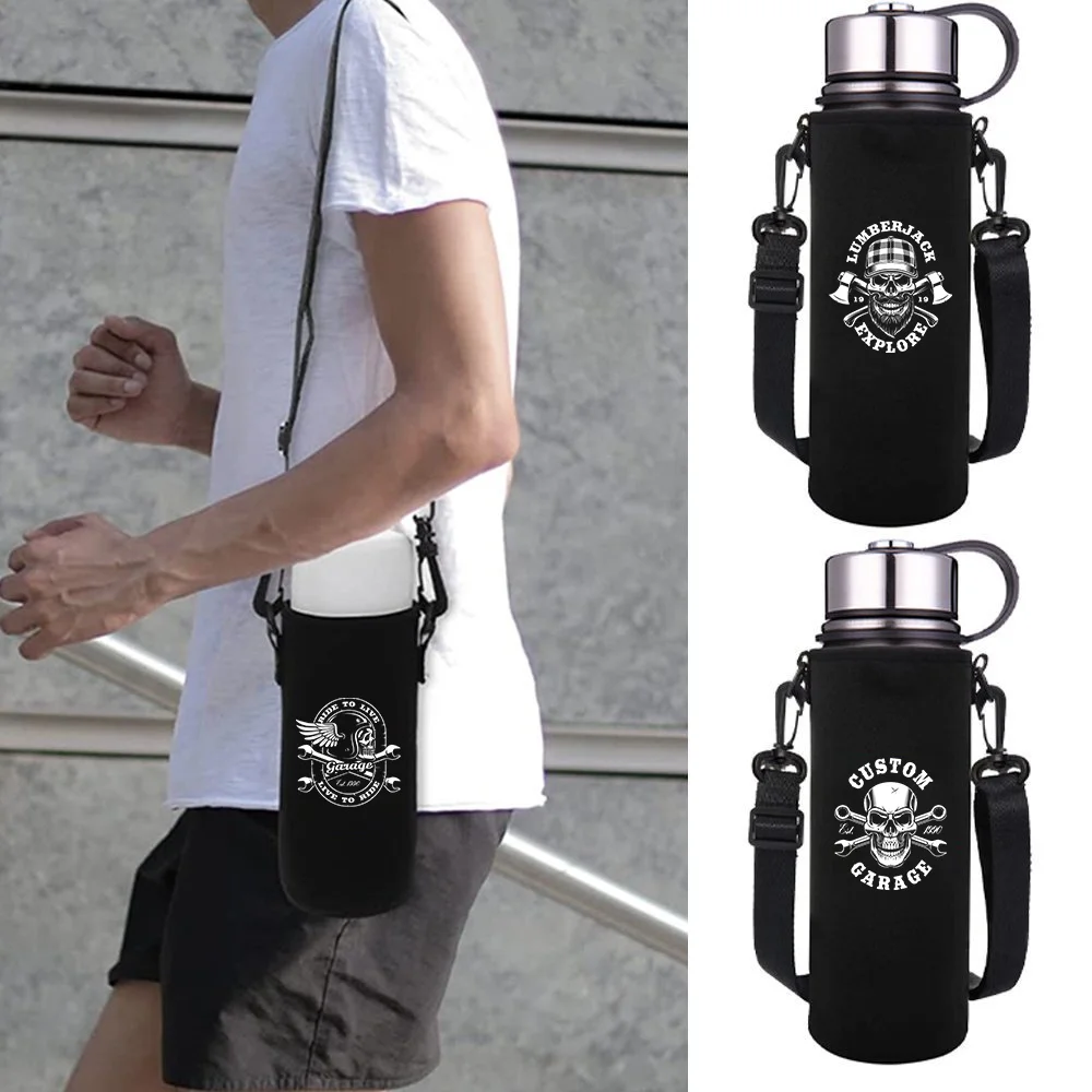 Water Bottle Sleeve Adjustable Strap, Portable Insulated Water Cup Sleeve Skull Print for 550-1500ML Sports Bottles Case