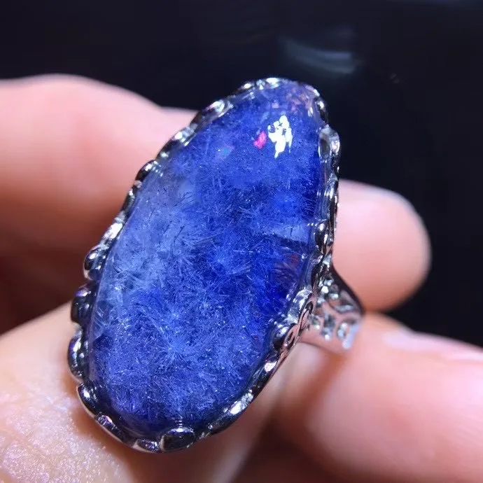 

Natural Blue Rutilated Dumortierite Quartz Adjustable Ring 23/11.6mm Oval Woman Men Ring Jewelry AAAAAAA