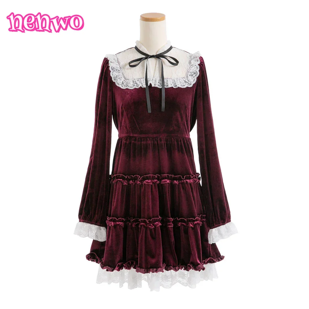 Outono inverno novo versátil elegante lolita estilo princesa veludo rendas retalhos em camadas vestido babados doce bonito vestido plissado