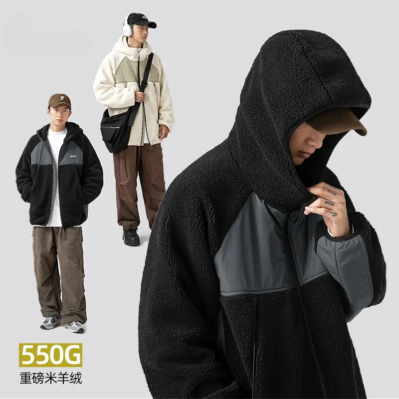 

550G Heavyweight Lambswool Cotton Jacket Men's New Couple Cotton Jacket Fashion Splicing Design Hooded Winter Coat Men Clothing