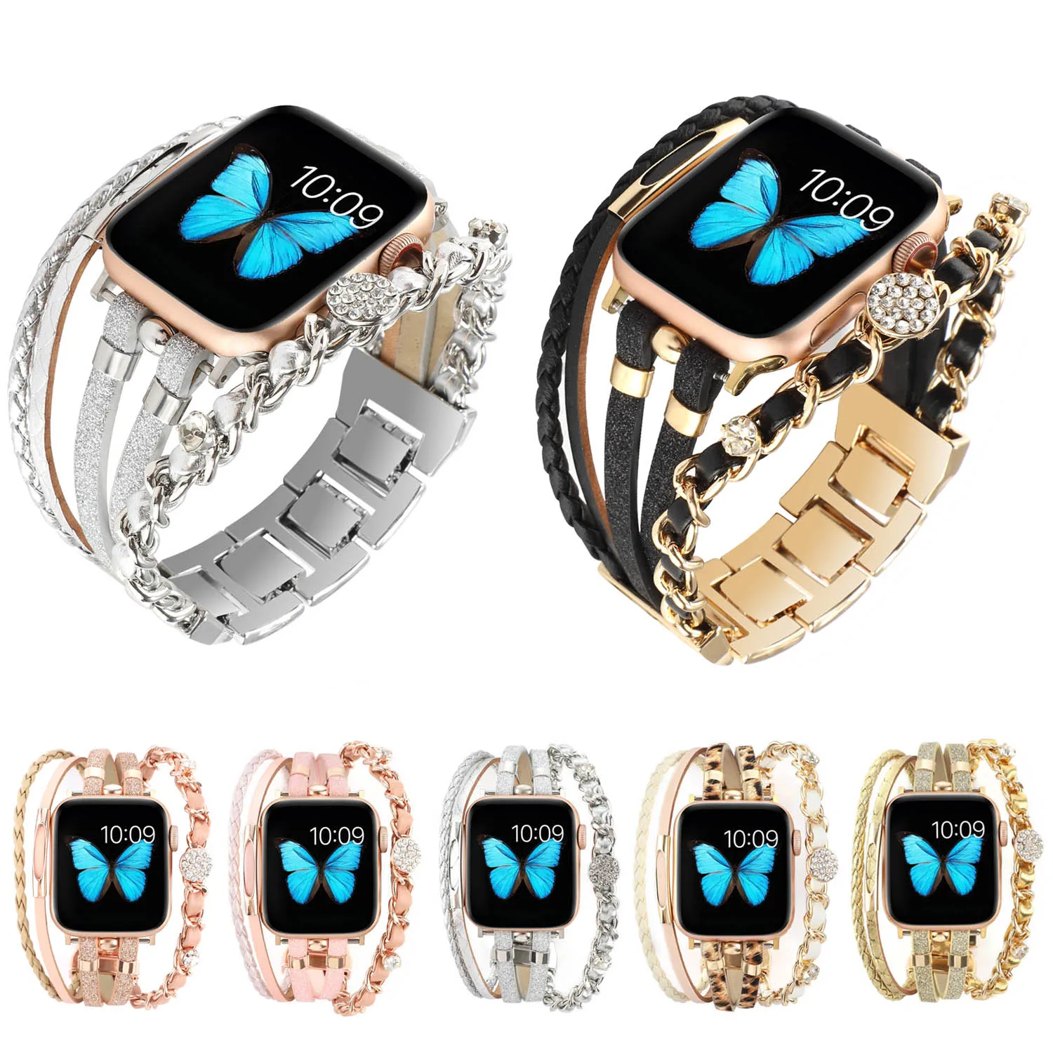 

Металлический кожаный ремешок для Apple Watch Series 8 7 41 мм 45 мм, браслет с кристаллами для iWatch Ultra 49 мм 6 3 4 5 SE 40 38 42 44 мм