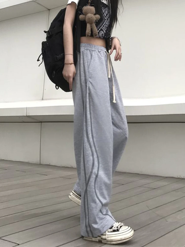 

Zoki High Waist Harajuku Striped Sweatpants Women Preppy Style Loose Student Casual Trousers Korean Chic Streetwear Grey Pants