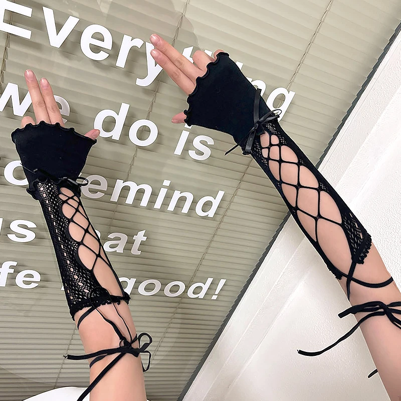 

Lolita Jk Lace Fingerless Gloves Women Punk Gothic DIY Strapping Sunscreen Sleeve Mittens Mesh Gloves Clothing Accessories