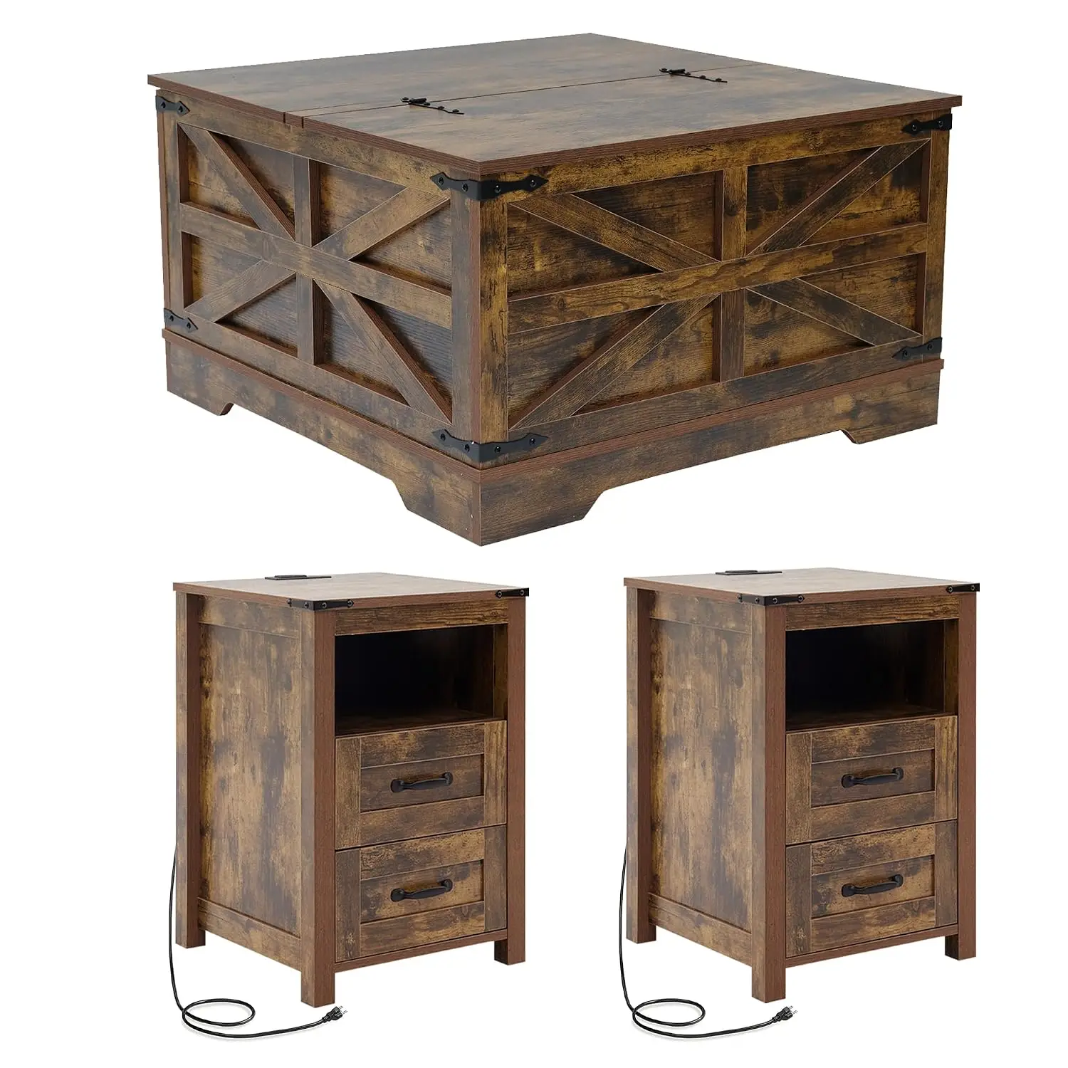Farmhouse Lift Top Coffee Table & End Table Set Charging Station 2 Drawer Storage Wood Living Room Furniture Brown, Customized