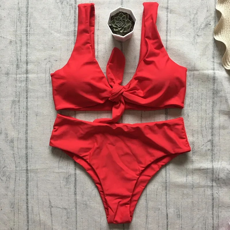 

Sexy High Waist Bikini Women Swimwear Solid Red Backless Push Up Padded Biquini Female Brazilian Front Tie Bathing Suit Swimsuit