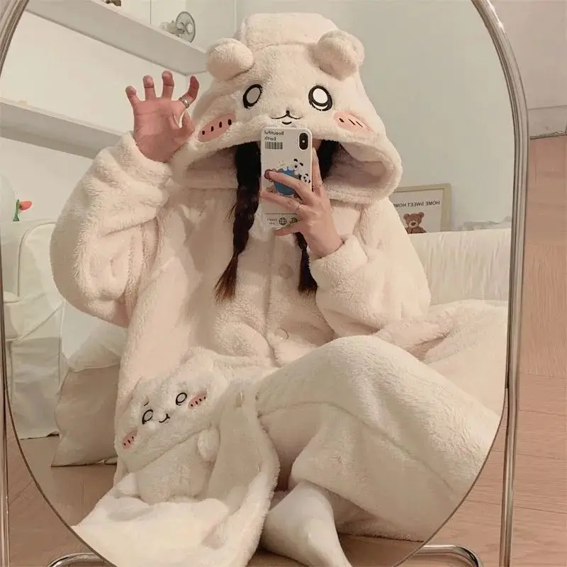 Anime Chiikawa Hachiware Women Plush Pajama Set White Bear Ear Hooded Long Robe Pants Cartoon Flannel Winter Kawaii Homewear