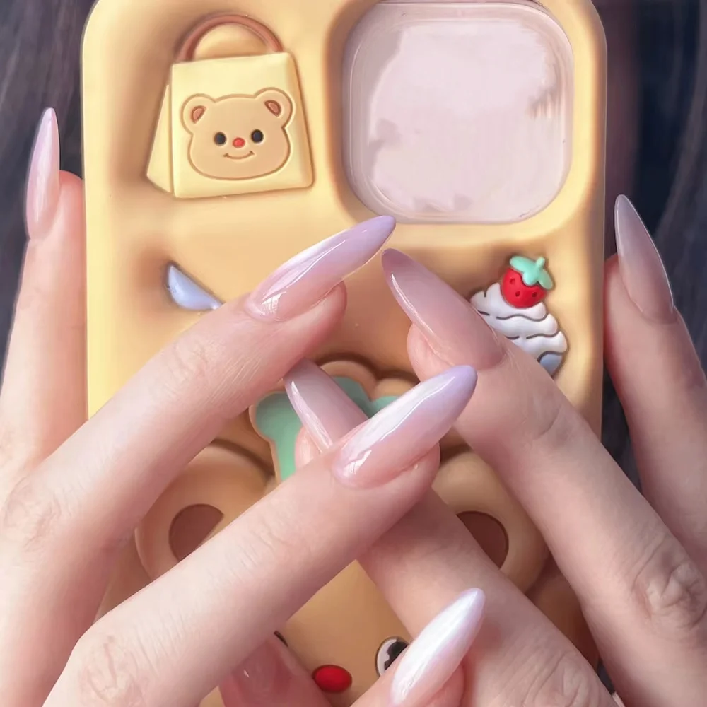 

24Pcs Mid-length Almond Fake Nails Press on With Purple Gradient Design False Nail Cat's Eye Oval Reusable Full Cover Nails Tips