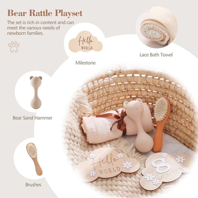 Newborn Wooden Milestone Cards Gifts Box Double Sided Cotton Blanket Wooden Ring Crochet Rattle Bath Brushs for Baby Shower Gift