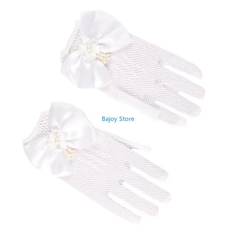 

63HE 1 Pair Elegant Girls' Infant Dress Gloves White/Black Mitts for Weddings and Parties with Soft Lace and Pearls Detail