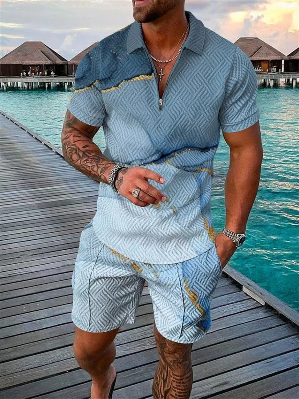 2024 Summer explosiv Men\'s Fashion Trend Print two-piece Set Comfortable casual Trend Short-sleeved Shorts Pullover top