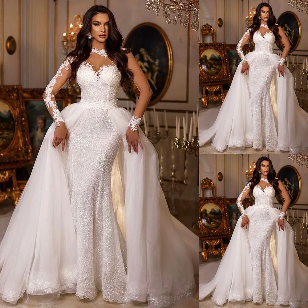 

Sexy Mermaid Wedding Dress Illusion O Neck Long Sleeve Lace Appliques Bridal Gowns With Detachable Train Robe De Soiree