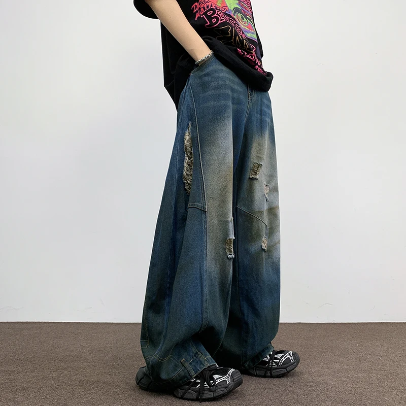 

Мужские джинсы в стиле ретро-американский винтаж, с эффектом потертости, с дырками, перевернутые, свободные, широкие, прямые, повседневные