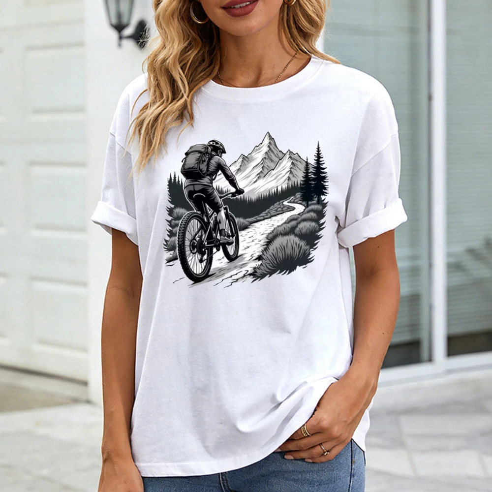 Mountain Biking Cartoon - Women's Black Mountain Bike T-Shirt with