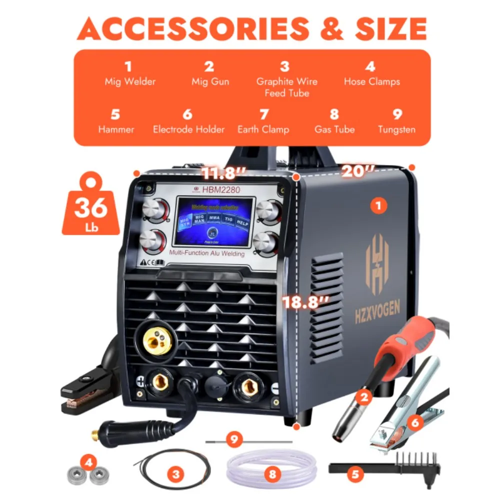 HZXVOGEN Welder 5 In 1 HMB2280 Gasless/Gas MIG ARC/MMA Lift TIG HBM2280 AluminumSynergy Semi-automatic Welding Machine Tools