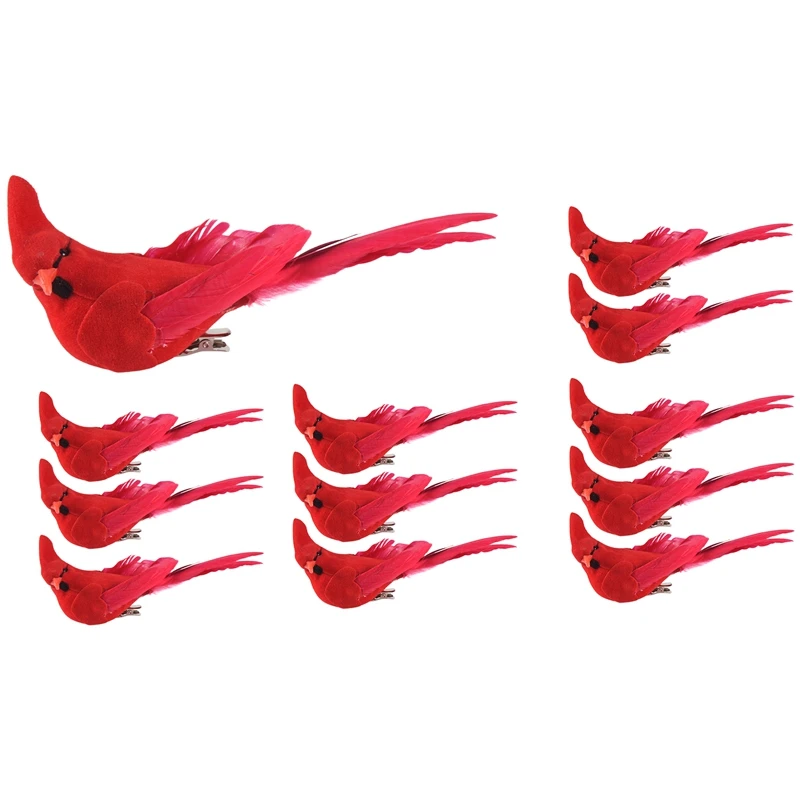 12Pcs Clip-On Artificial Red Cardinals Christmas Ornaments Feathered Bird Xmas