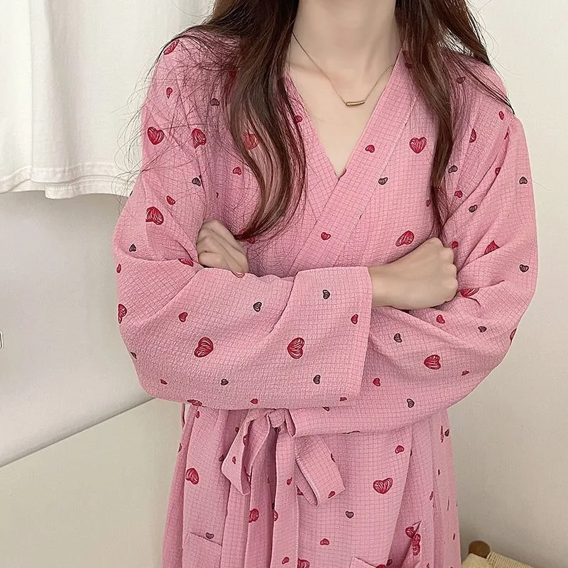 2024 New Pajama Robes Spring Autumn Winter Sleepwear Korean Version Sweet Bathrobe Long V-neck Belted Homewear Loose Loungewear