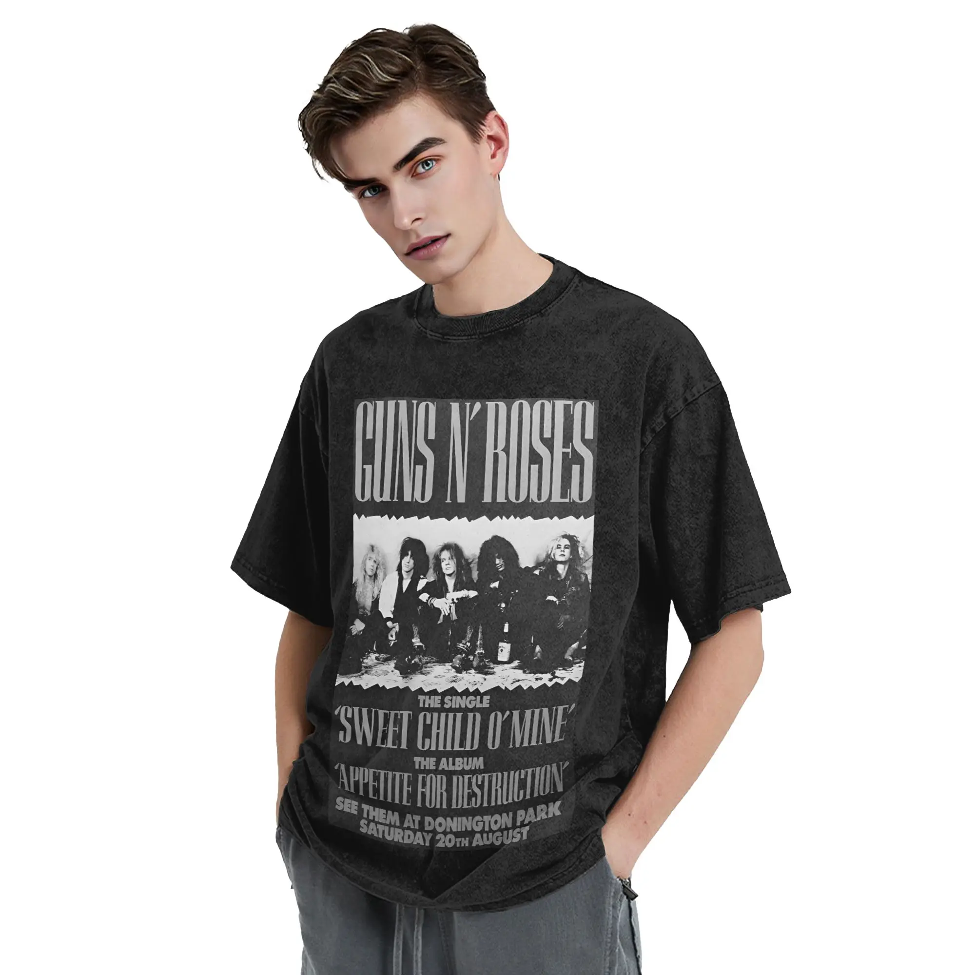 Vintage Guns N Roses Washed T-Shirts Streetwear Hip Hop Mode T-Shirt für Männer und Frauen 100% Baumwolle Harajuku Sommer – Detail 3
