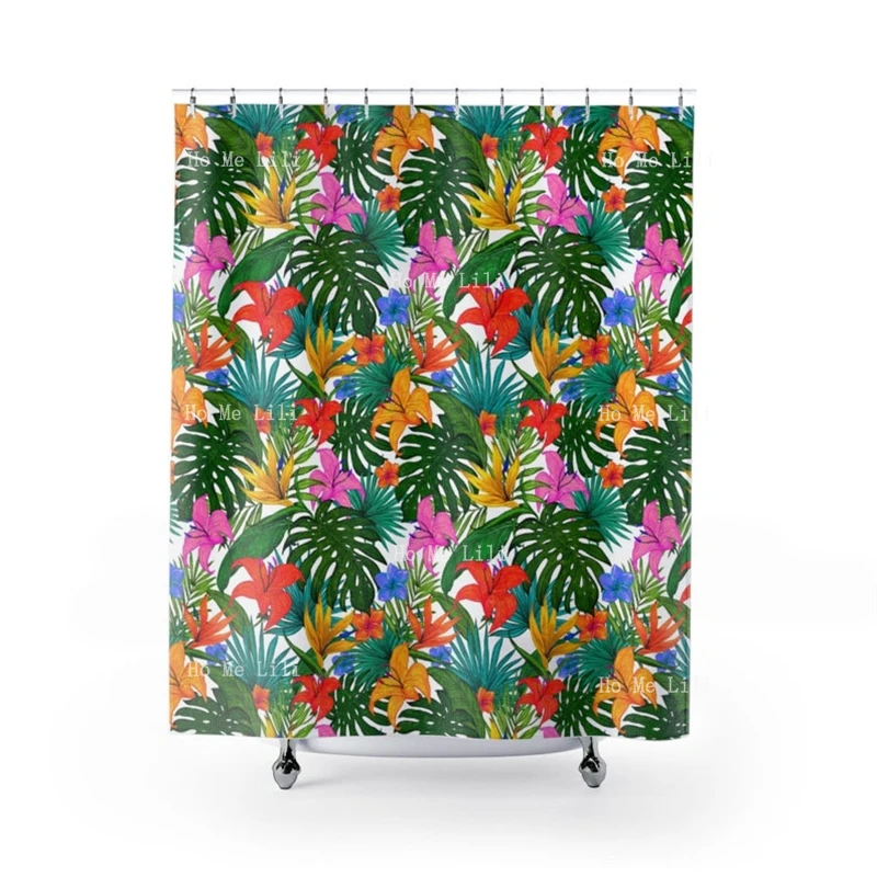 Jungle Tropical Dark Green Leaves And Colorful Flower Botanical Floral Print Chic Cool Boho Shower Curtain Bath Decor