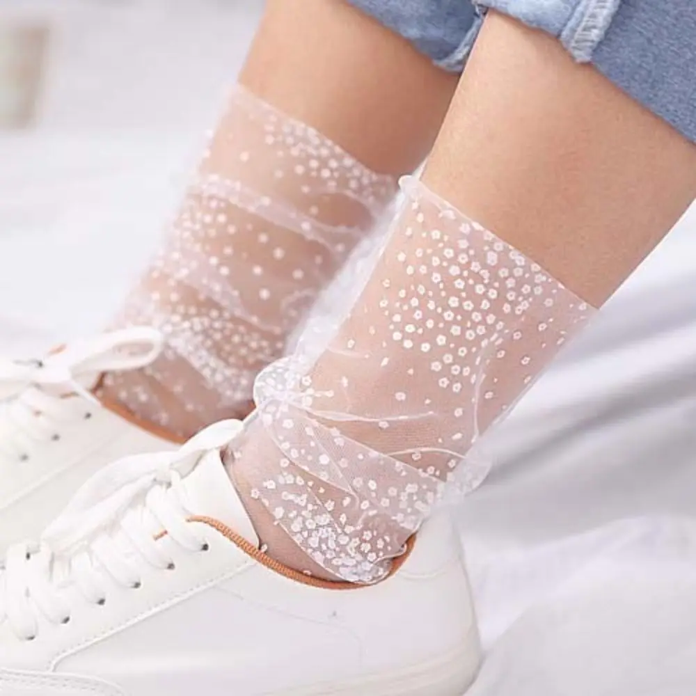 Transparent Tulle Flower Short Socks Slouchy Sheer Pile Up Socks Lace Mesh Floral Middle Tube Socks Thin Lolita Lady