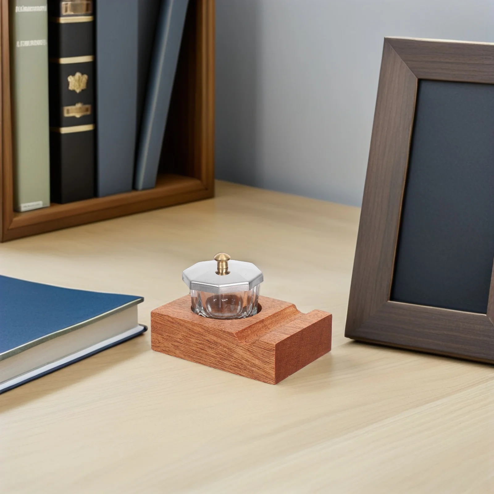 

1Set Desk Pen Stand Sapele Wood Calligraphy Dip Pen Holder Tilted Nib Rest Glass Ink Pot Container for Home Office