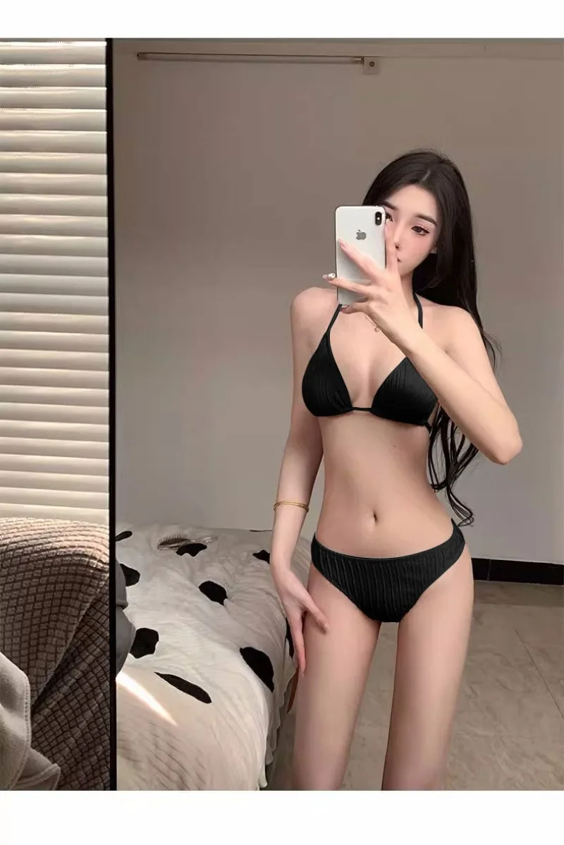 Seksowna koreańska moda prążkowana halter micro mini bikini zestawy trzyczęściowy z okładką spódnica krawat strój kąpielowy wyściełane stroje