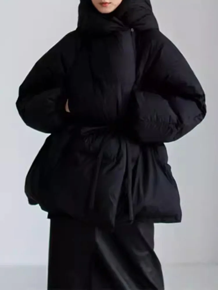 LANMREM-Doudoune à capuche pour femme, haut de gamme, noir, hiver, ceinture, taille froncée, vestes chaudes, mode, nouveaux vêtements, 2uto, 4243,