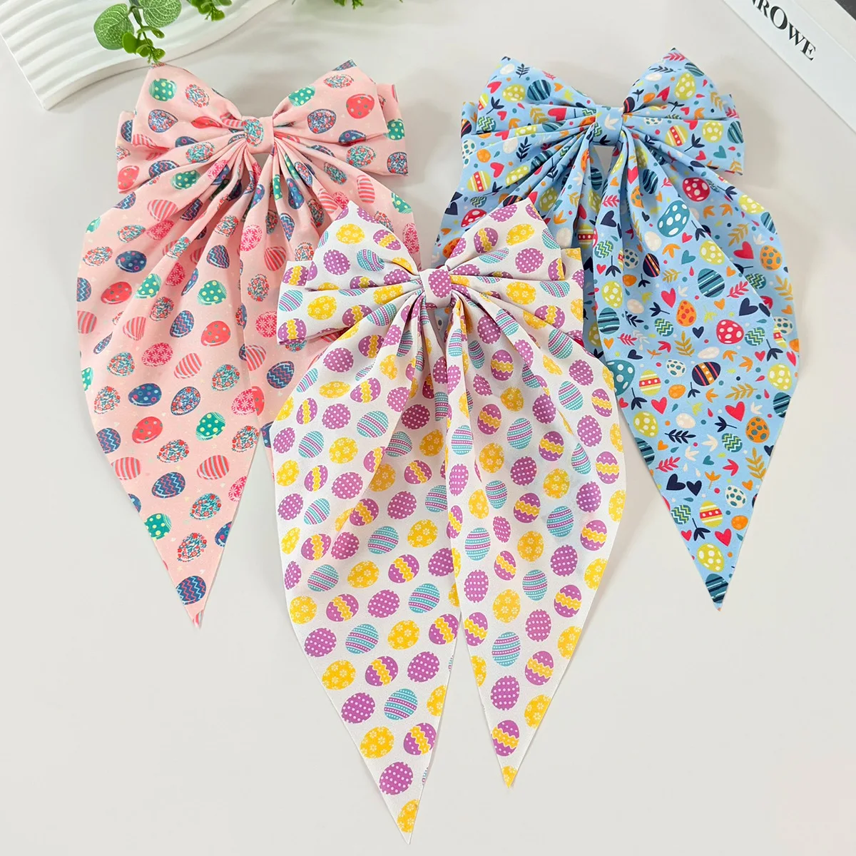 

1pc Premium Easter Bow Spring Hair Clip Cartoon Bunny Decorated Egg Print Long Ribbon Hair Claw for Women Girls