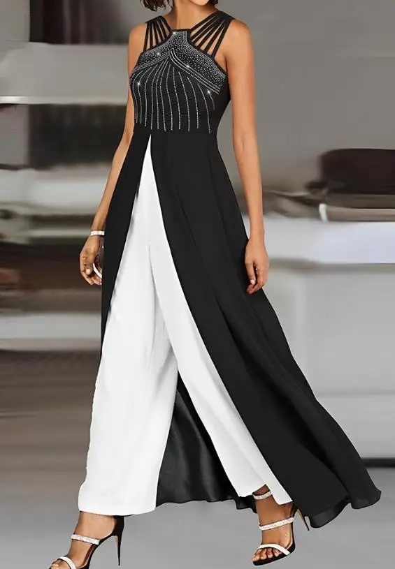 top women 2023 Multi Strap Rhinestone Slit Asymmetric Sleeveless Top Waist Wrapped One Piece Black Dress Solid Summer robe