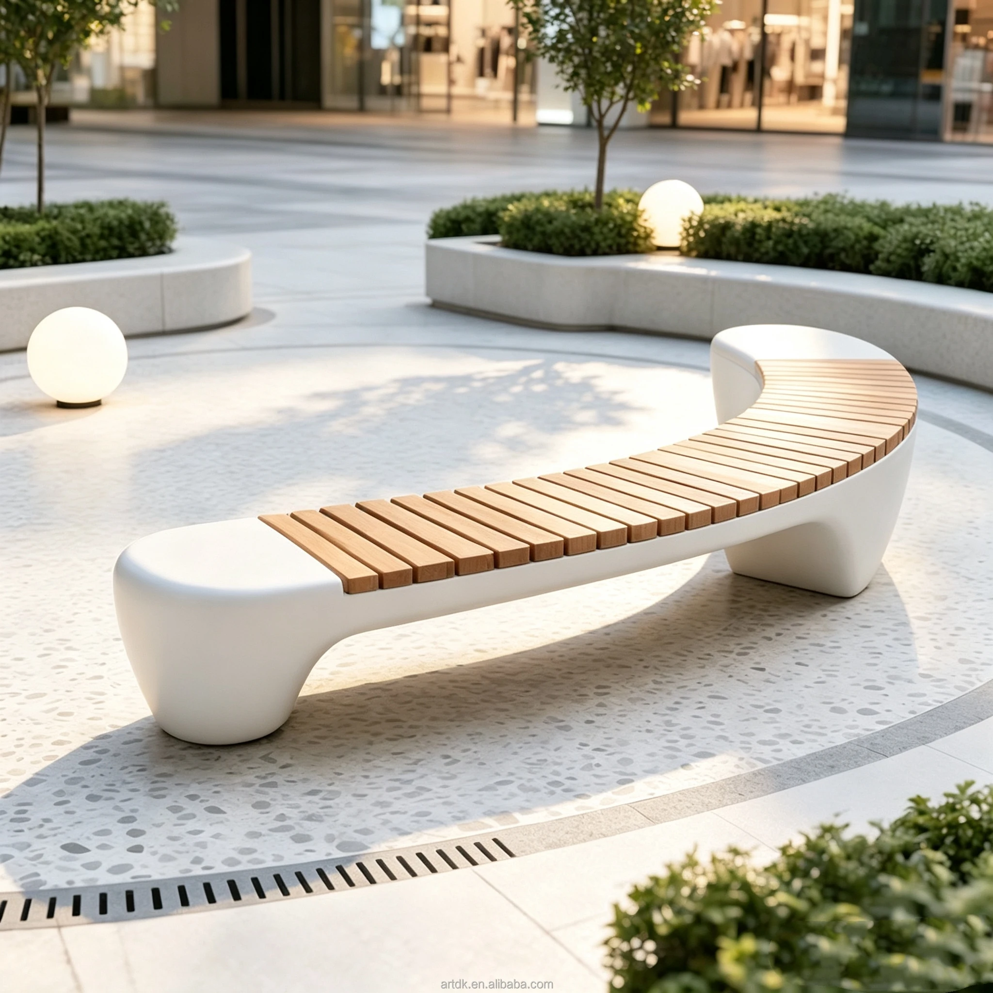 Durable Weather Resistant Curved Rest Waiting Bench Wood Slat Seat Outdoor Public Seating For Mall Plaza ParkCafé Patio