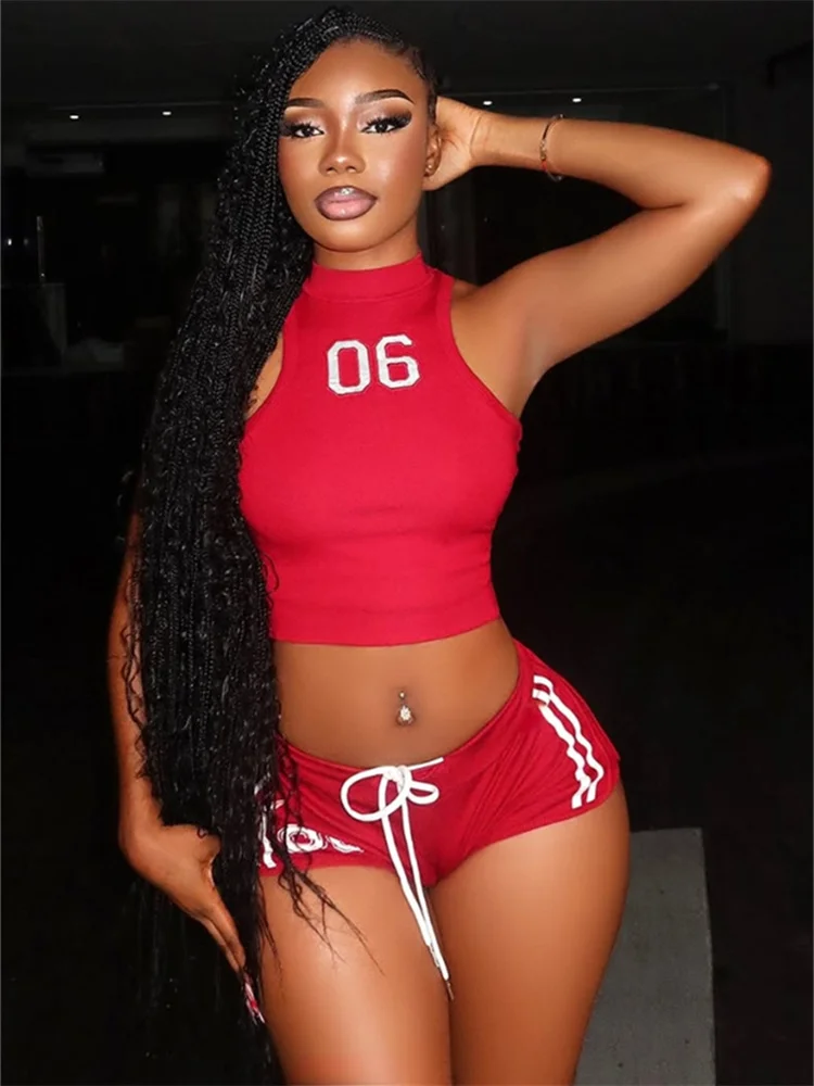 Weird Puss Number Print Fashion Patchwork Sporty 2 Piece Set Women Skinny Crop Tops+Drawstring Shorts Casual Simple Tracksuit