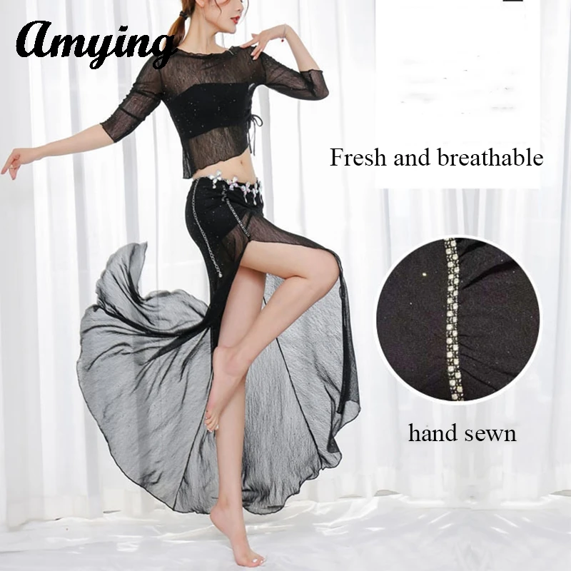 New 2PCS Women Belly Dance Suit Adult Sexy Mesh Top and Skirt Stage Performance Costume Set Practice Suit Training Clothing Set