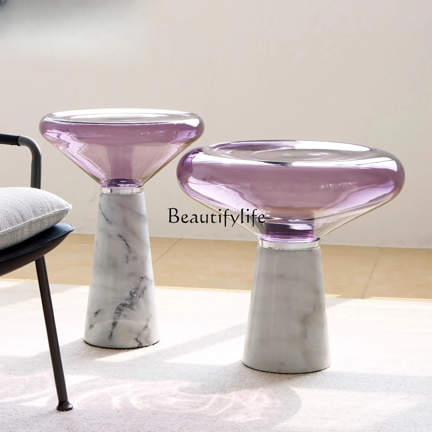 طاولة حافة أريكة رخامية بسيطة وحديثة، طاولة قهوة صغيرة زجاجية قابلة للإزالة