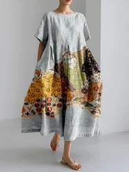 Summer Daily Elegant Round Neck Short-sleeved Dress Elegant Floral Print Round Neck Dress Temperament Knee-length Evening Dress
