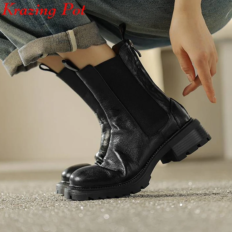 

Krazing Pot Cow Leather Round Toe Thick Med Heels Fashion Chelsea Boots Retro Slip On Elegant Cowboy Plus Size 42 Ankle Boots