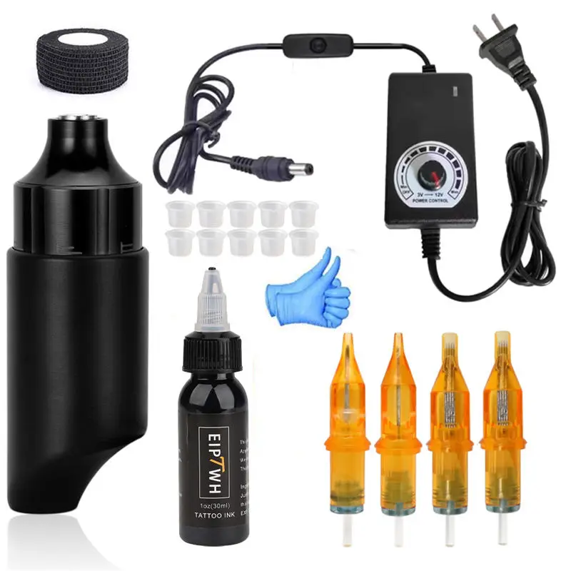 Black Short Motor Tattoo Pen Kit with DC Interface Power Supply and Tattoo Ink Beginner Tattoo Practice Basic Kit