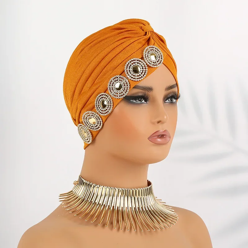 Gorro de quimio para Mujer india, Hijab musulmán con diamantes, Turbante plisado, pañuelo para la cabeza, gorros para la pérdida de cabello, gorro