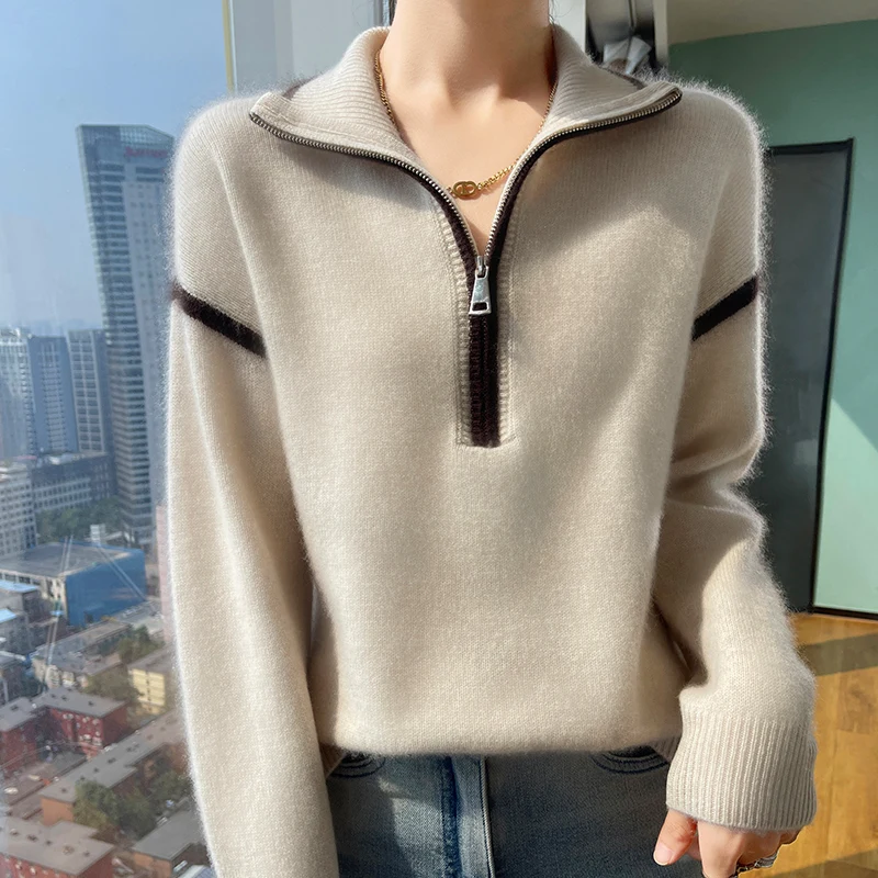 Winter new women's sweater 100% Merino wool sweater thick turtleneck half zipper pullover color matching cashmere sweater top.