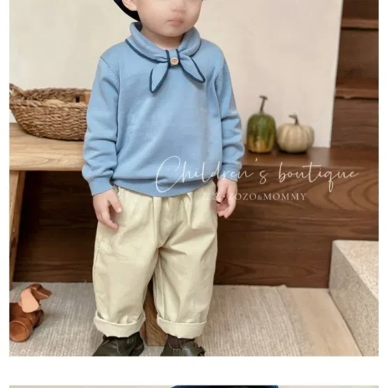 

Autumn Winter New Boys Pullovers Crew Neck Solid Color Spliced Bow Fashion High Street Loose Long Sleeve Knitted T-shirt Tops