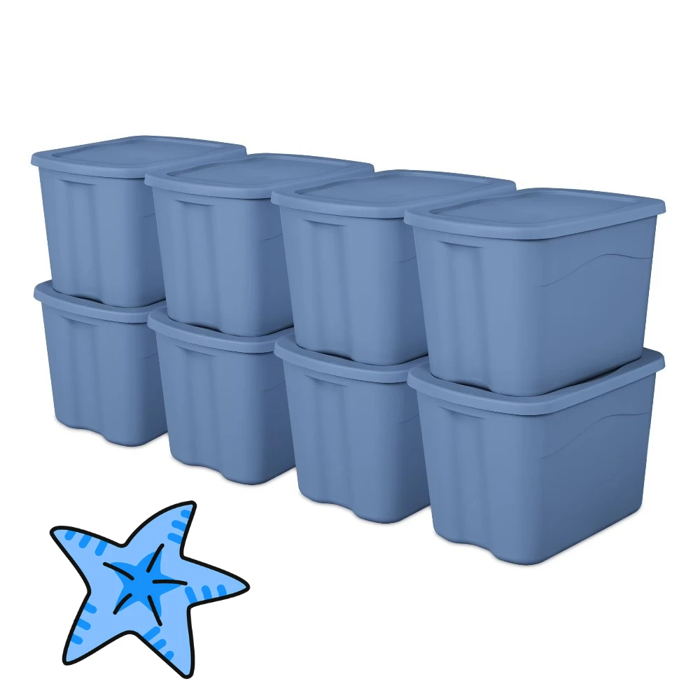 

Набор из 8 прочных пластиковых контейнеров для хранения объемом 18 галлонов с защелкивающимися крышками, штабелируемые, светло-голубые, для организации пространства в гараже/доме