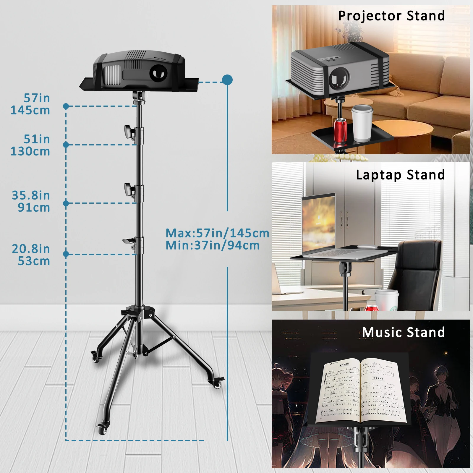 Projector Tripod Stand with 2 Shelves, Laptop Tripod on Wheels, Portable Projector Floor Stand Adjustable Height With Two Clip