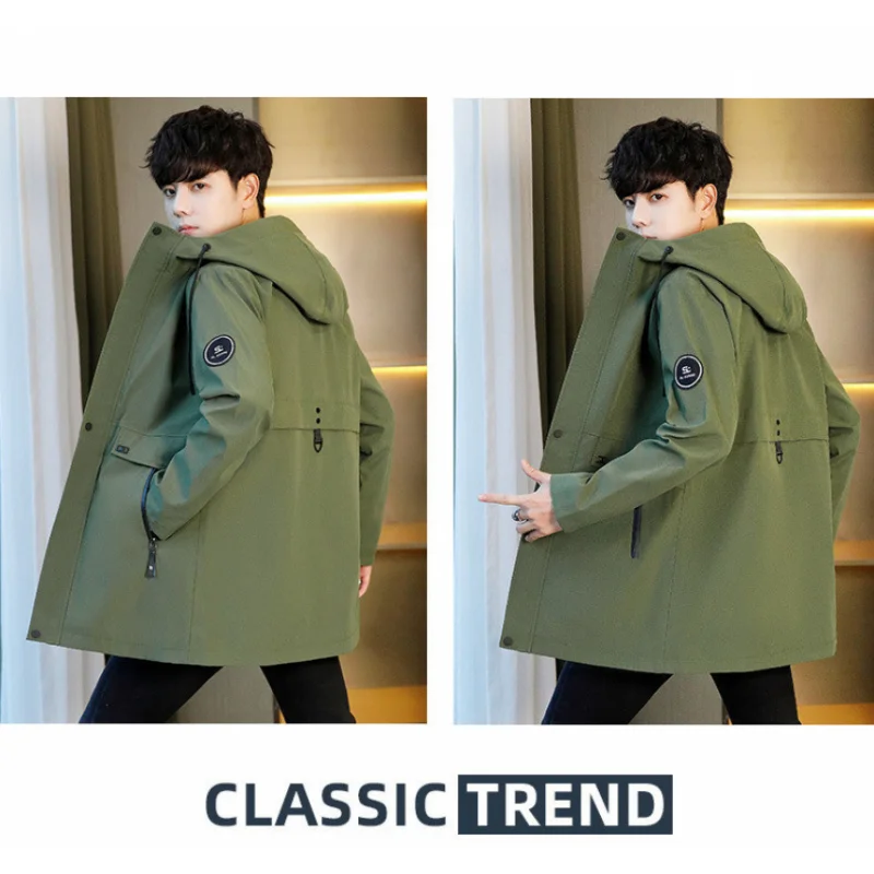 

GIOIOMen's Jacket，Spring and Autumn Korean Style Slim Fit Mid-Length Solid Color Hooded Trench Coat Jacket，Men's Clothing
