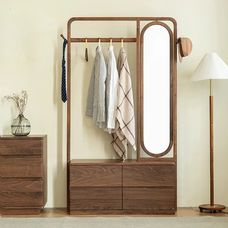 black walnut coat rack rotating full-length mirror simple floor storage locker hanger