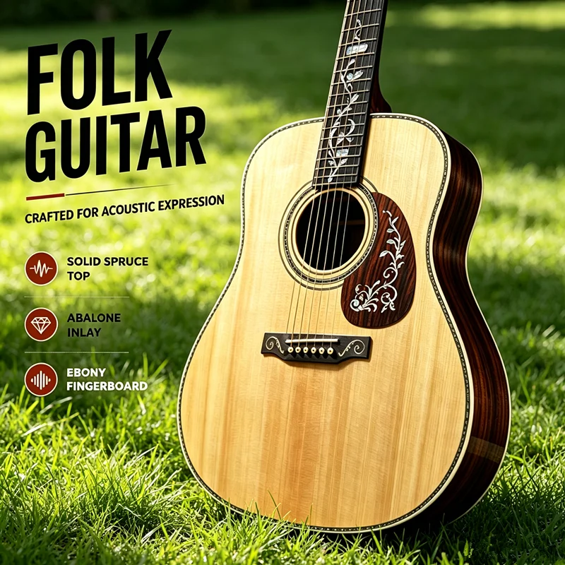 6 String Acoustic Guitar 20 Frets Folk Country Guitar Solid Spruce Top Ebony Fretboard Rosewood Back Sides Musical Instrument Gift for Beginners Intermediate Players Music Lovers