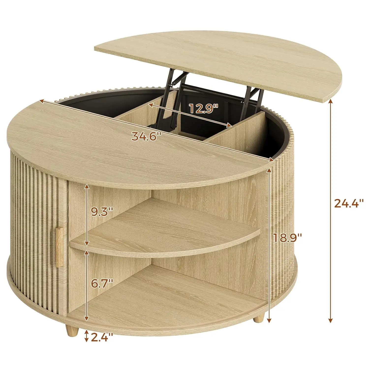 Tavolino da caffè con piano sollevabile, tavolino da caffè moderno da 34,6 pollici con 180 °   Porta Scorrevole Curva, Tavolini da Caffè con Accenti Scanalati, Personalizzabili