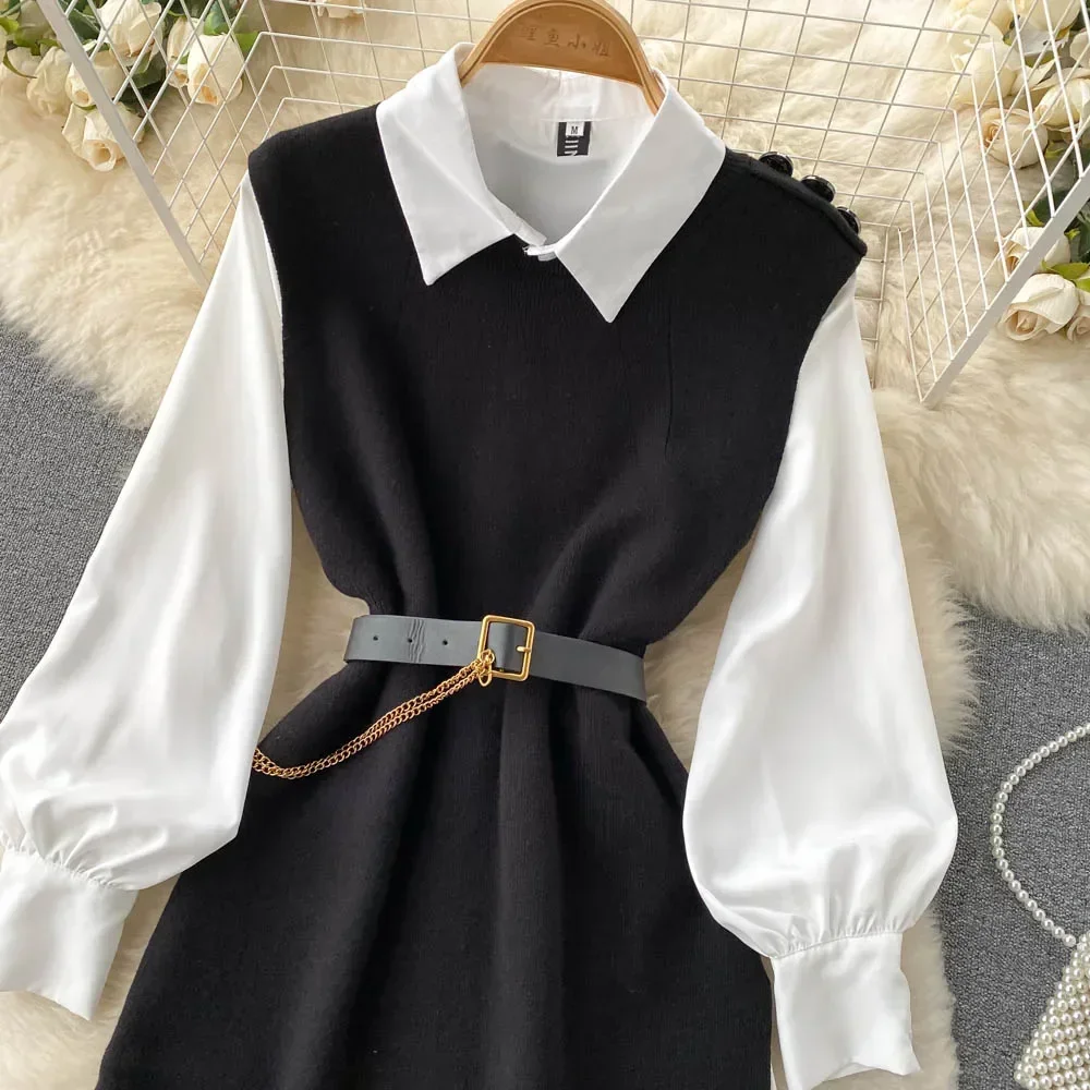 Chic Sashes Women Two-Piece Sets Basics Long Sleeve Single Breasted Shirt and Slim Split Knit Vest Korean Autumn Winter Clothing