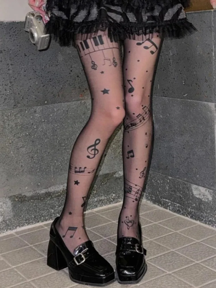 New Cute Musical Note Print Long Socks Silk Stockings Lolita Sweet Personalized Sheer Tights Women Sexy Thin Bottomed Pantyhose