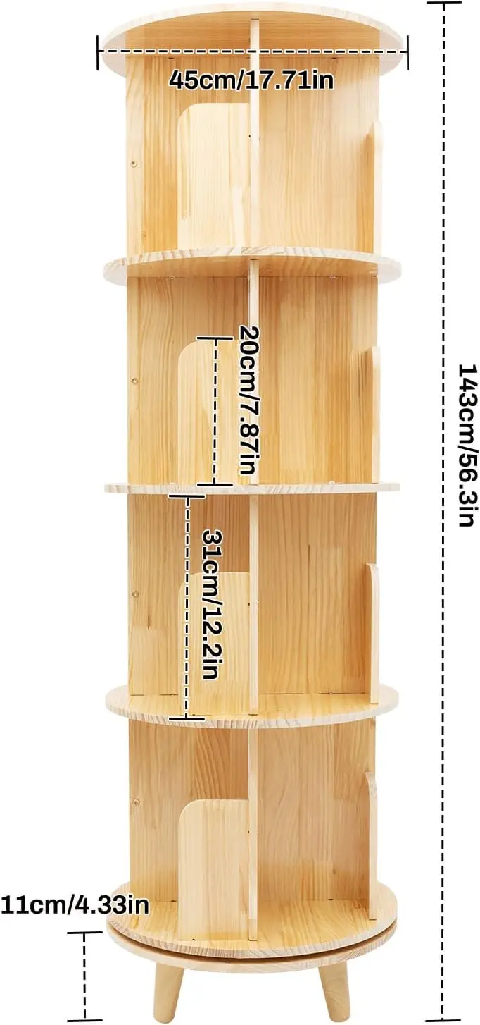 Revolving Bookstand 4-Tier Wooden Shelf with Legs, Durable NZ Pine Wood, Polished Smooth Surface, Large Capacity Bookrack for Home and Office Use