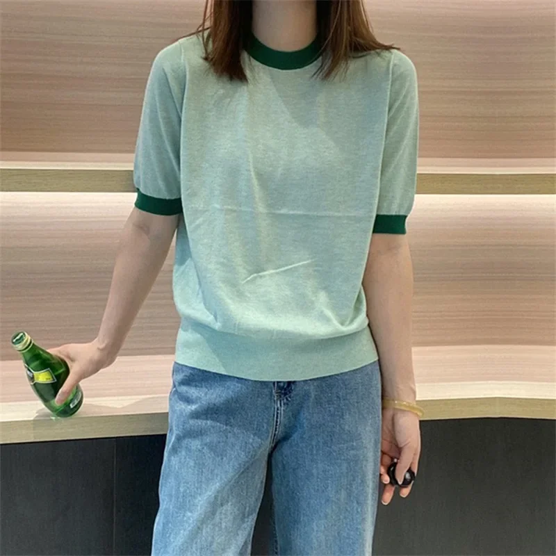 Girls Knitted Short Sleeve T-shirt Multicolor Women Summer Short Cute Sweater Tshirt Green Striped Knit Top Knitwear Tees